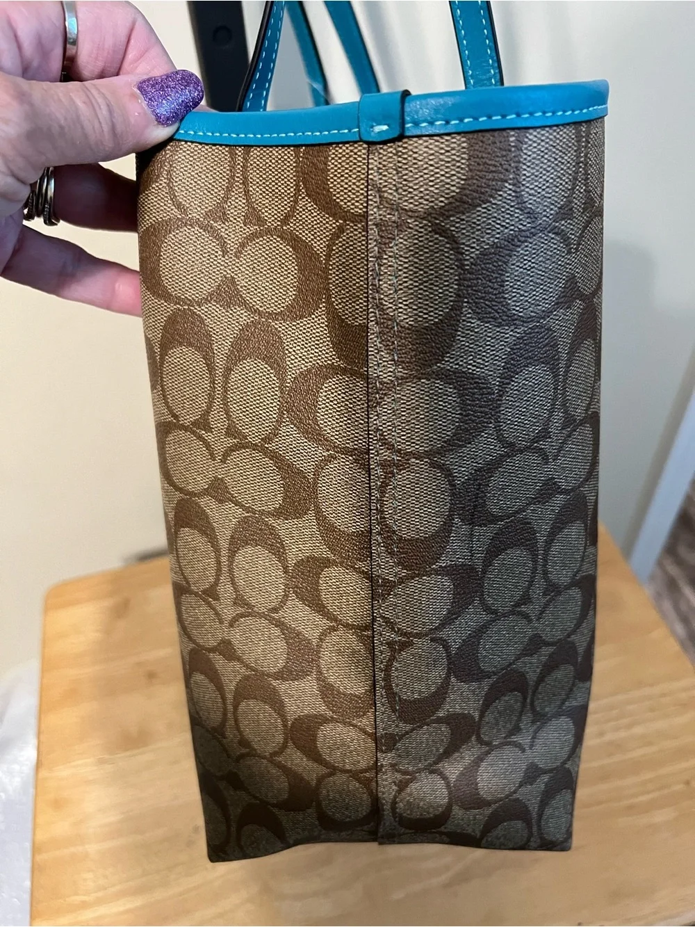 Coach Brown Signature Tote with Turquoise Trim